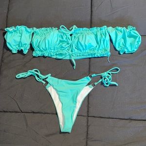 Bright coral blue off the shoulder 2 piece